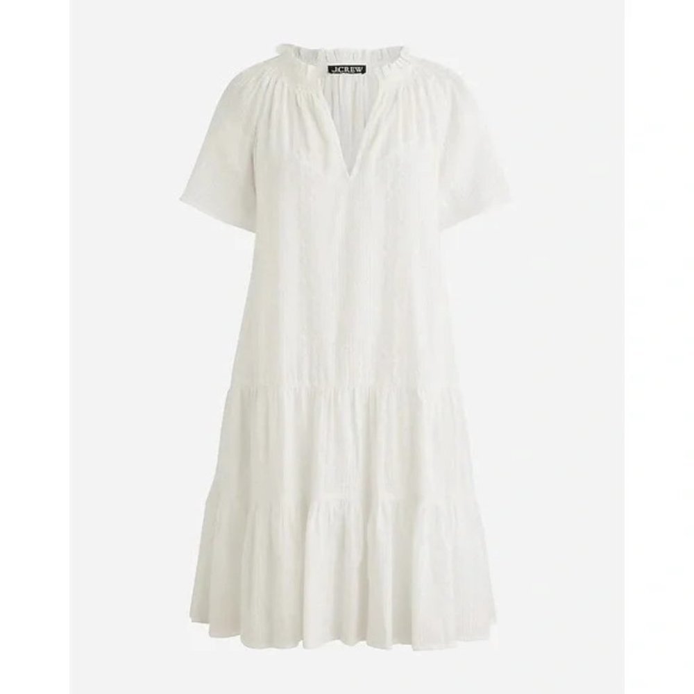 NWT J Crew White Ruffle-Trim Tiered Dress in Cotton Dobby